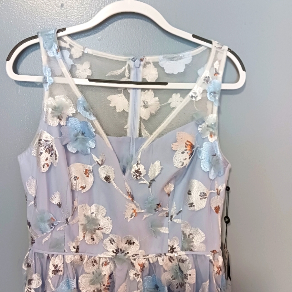 Adrianna Papell  Size 12 Blue floral embroidered gown high Low beaded lined NWT